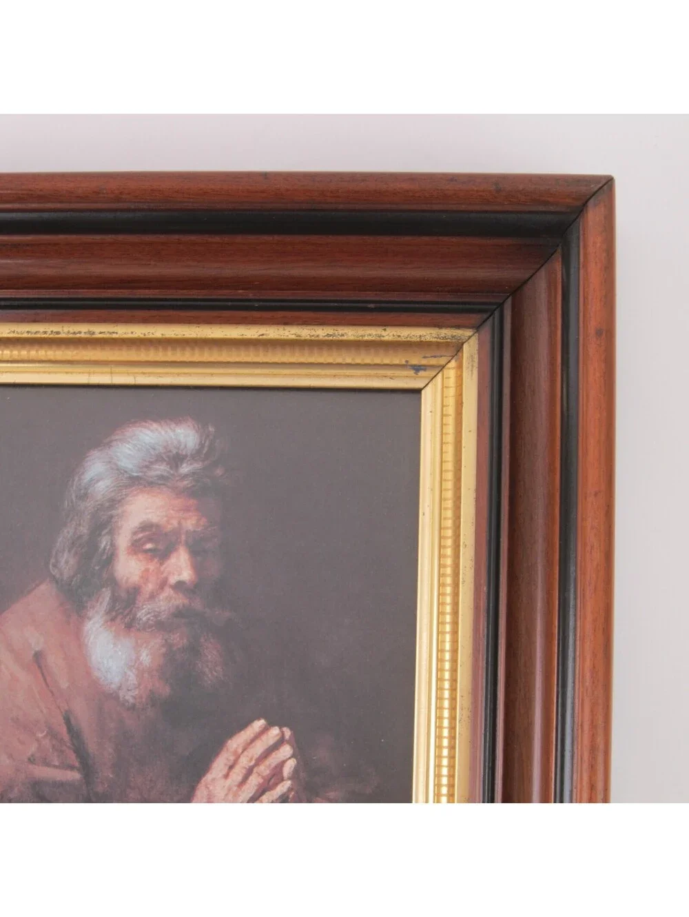 Antique Victorian Deep Picture Frame Walnut Wood Gold Gilt Old Man Praying Print